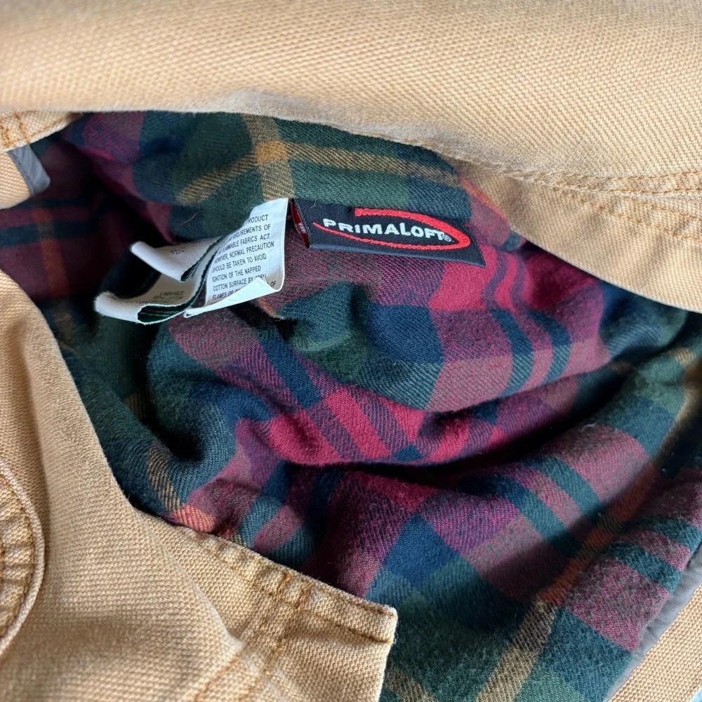 LL Bean Mens Original Field Coat Tan Canvas Primaloft Plaid Lined Jacket L Reg
